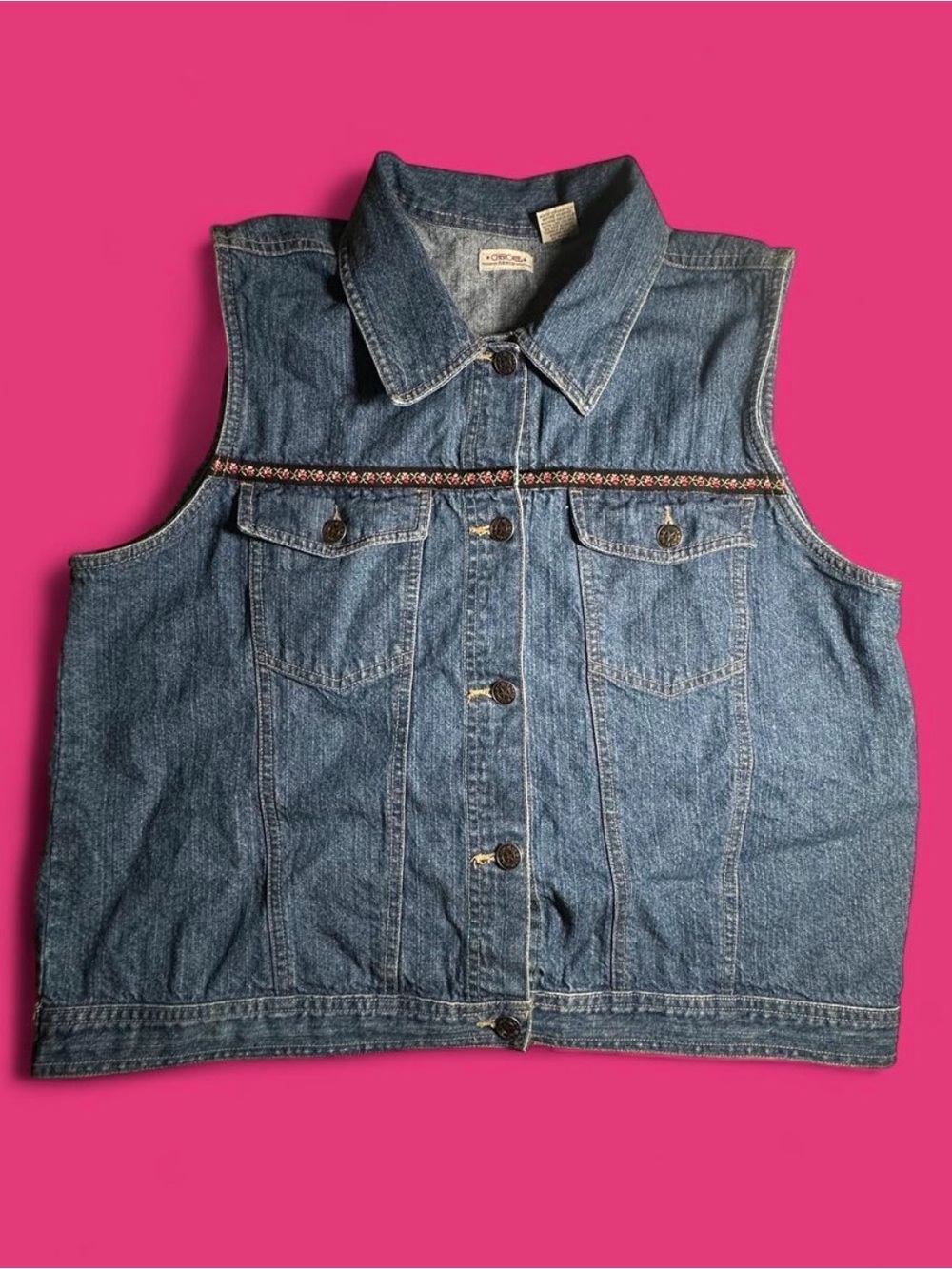 90s Cherokee Blue Denim Button Up Vest floral trim Detail XL